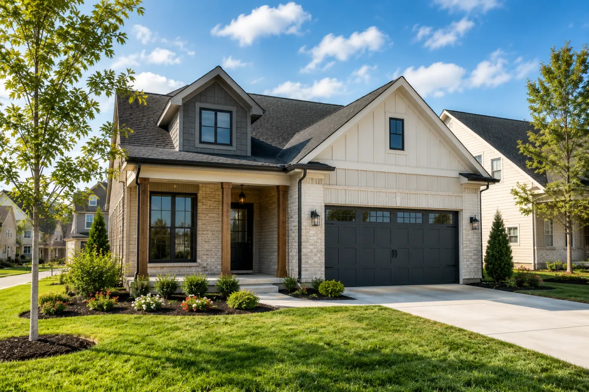 A bright contemporary Craftsman-style home in a Greenville-area neighborhood with stone and siding accents, a welcoming front porch, manicured landscaping, and a calm setting that reflects buyers comparing incentives and affordability with confidence.