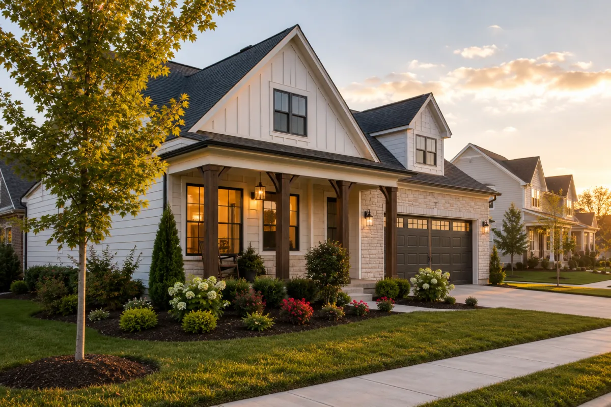A transitional-style newer home in Fountain Inn, South Carolina, photographed from a street-level perspective during soft golden-hour light. A welcoming front porch, mature landscaping, and a peaceful neighborhood atmosphere reflect the thoughtful decisions buyers make when weighing incentives against long-term lifestyle fit.