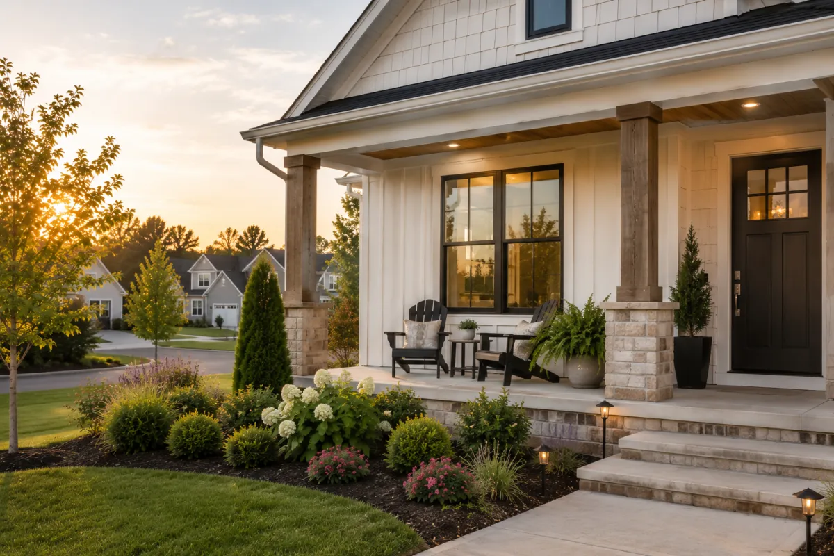 A welcoming newer home in a Greenville-area neighborhood is shown from a front porch perspective during soft golden-hour light. Comfortable outdoor seating, thoughtfully landscaped flower beds, and a peaceful atmosphere create a sense of everyday living and help illustrate why buyers often imagine their future routines in certain homes.