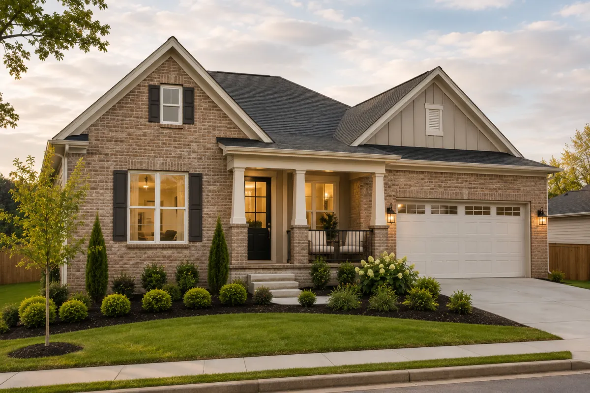 A newer brick-front home in a Fountain Inn neighborhood sits beneath soft overcast afternoon light, with a welcoming front porch, simple landscaping, and a quiet residential setting. The calm, uncomplicated atmosphere reflects the peace many buyers feel when they stop chasing perfection and focus on what truly supports their lifestyle.