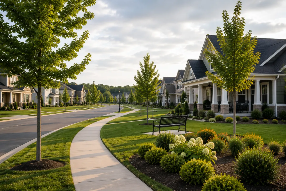 A peaceful sidewalk winds through a newer Greenville-area community on a bright overcast afternoon. Mature trees, well-maintained landscaping, front porches, and inviting streets create a calm neighborhood atmosphere that reflects the importance of choosing a location that supports everyday life.