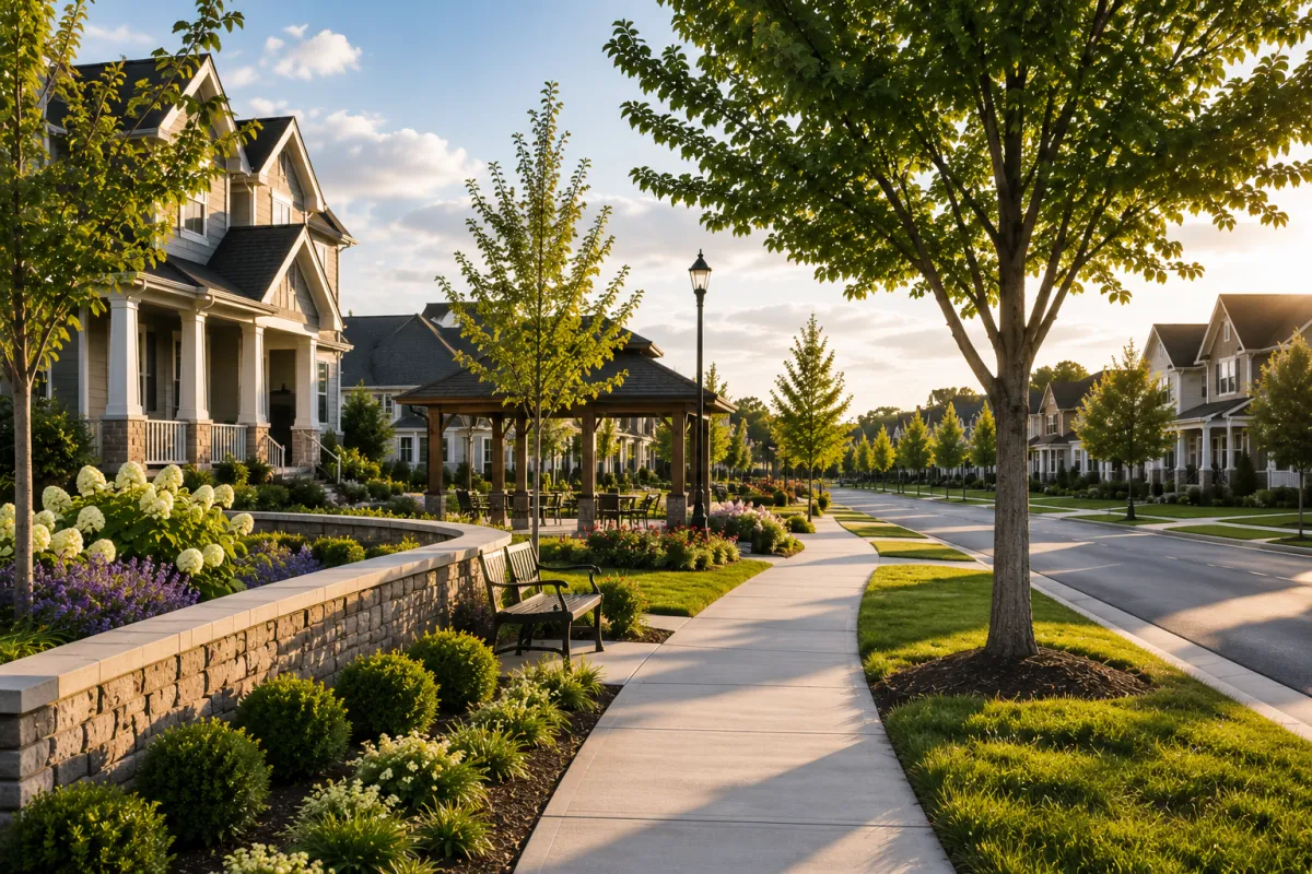 A welcoming community entrance in a newer Upstate South Carolina neighborhood features tree-lined streets, attractive landscaping, walking paths, and nearby homes on a soft sunny afternoon. The setting feels peaceful and inviting, reflecting the lifestyle-focused decisions buyers make when comparing Greenville and Simpsonville.