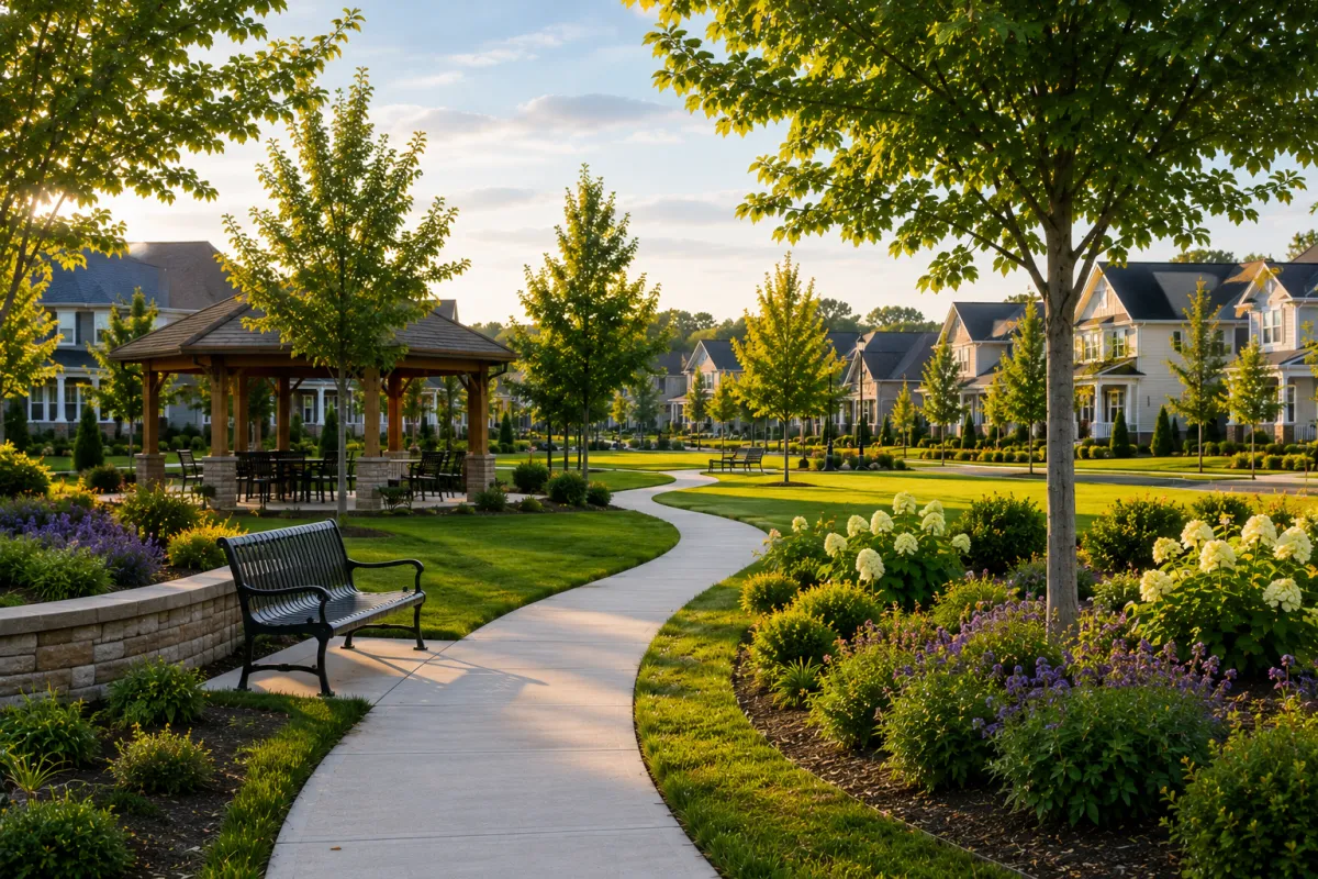 A welcoming community green space in a newer Greenville-area neighborhood features walking paths, mature trees, landscaped gathering areas, and nearby homes on a soft morning. The peaceful setting reflects the emotional connection many buyers feel when a community aligns with the lifestyle they hope to build.