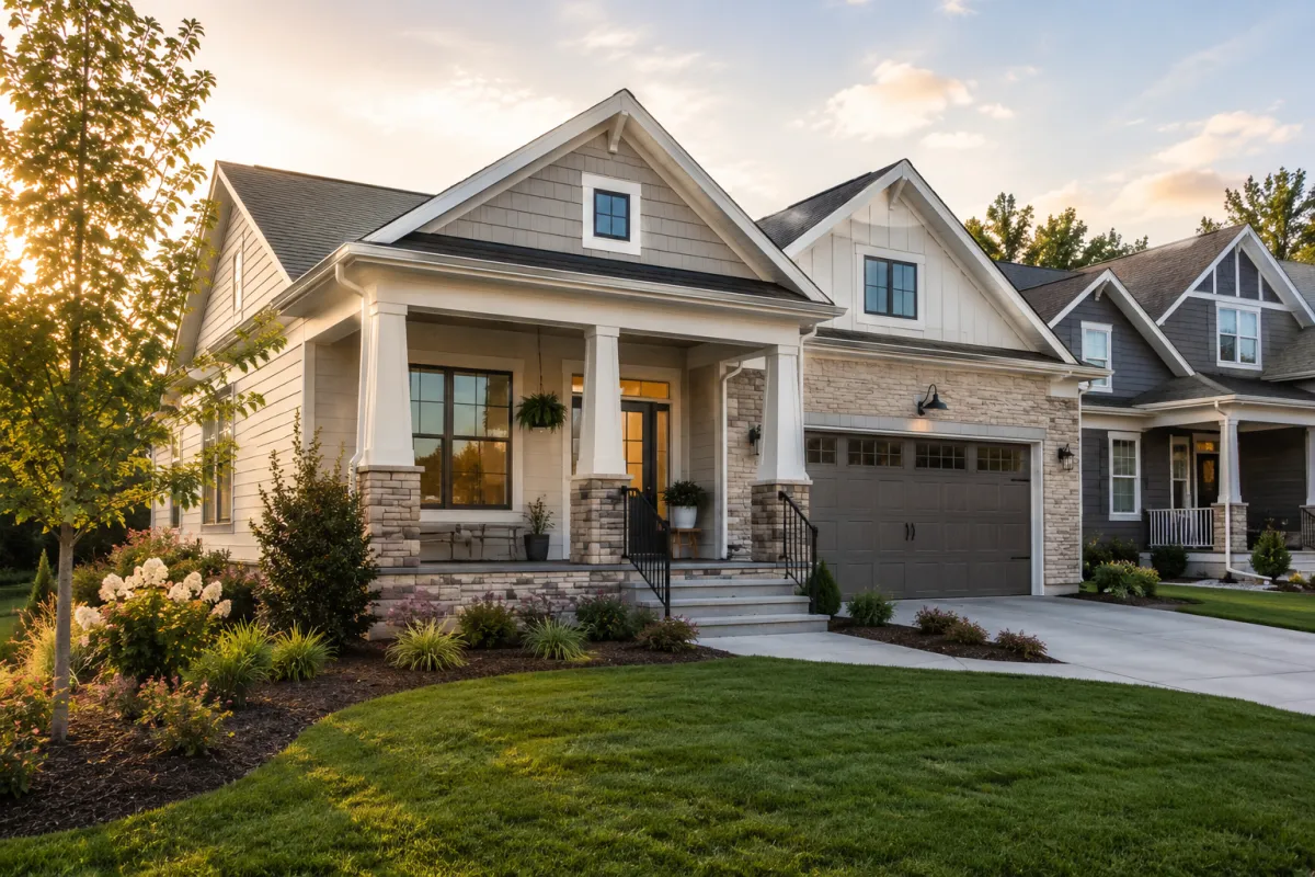 A newer transitional-style home in a Greenville-area neighborhood sits beneath soft morning light with a welcoming front porch, thoughtfully landscaped yard, and spacious driveway. The peaceful setting reflects the balance between today's excitement and tomorrow's possibilities that many buyers consider during the home search.