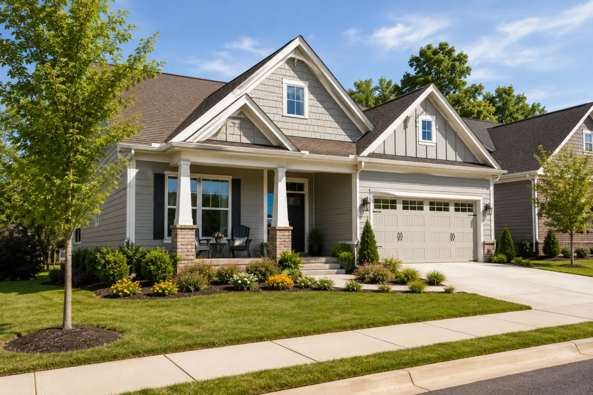 A newer traditional suburban home sits along a quiet Fountain Inn street on a bright sunny afternoon. Mature landscaping, a welcoming front porch, and a visible sidewalk create an inviting neighborhood atmosphere that reflects the comfort and practicality buyers often appreciate long after move-in day.