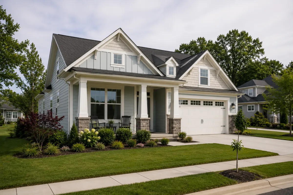 A newer board-and-batten home sits along a peaceful Simpsonville neighborhood street during a soft overcast morning. Sidewalks, mature landscaping, and a welcoming front porch create a calm atmosphere that reflects the slower, more organized routines many buyers hope to enjoy after move-in.