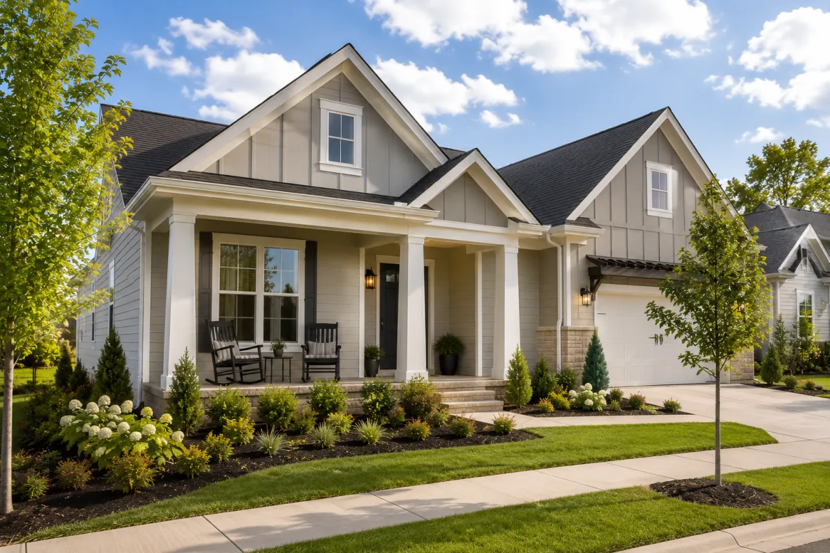 A newer board-and-batten home sits in a peaceful Simpsonville neighborhood on a bright overcast morning. A covered front porch, sidewalks, and thoughtfully maintained landscaping create a calm atmosphere that reflects the comfortable routines buyers often imagine when choosing a home designed for everyday living.