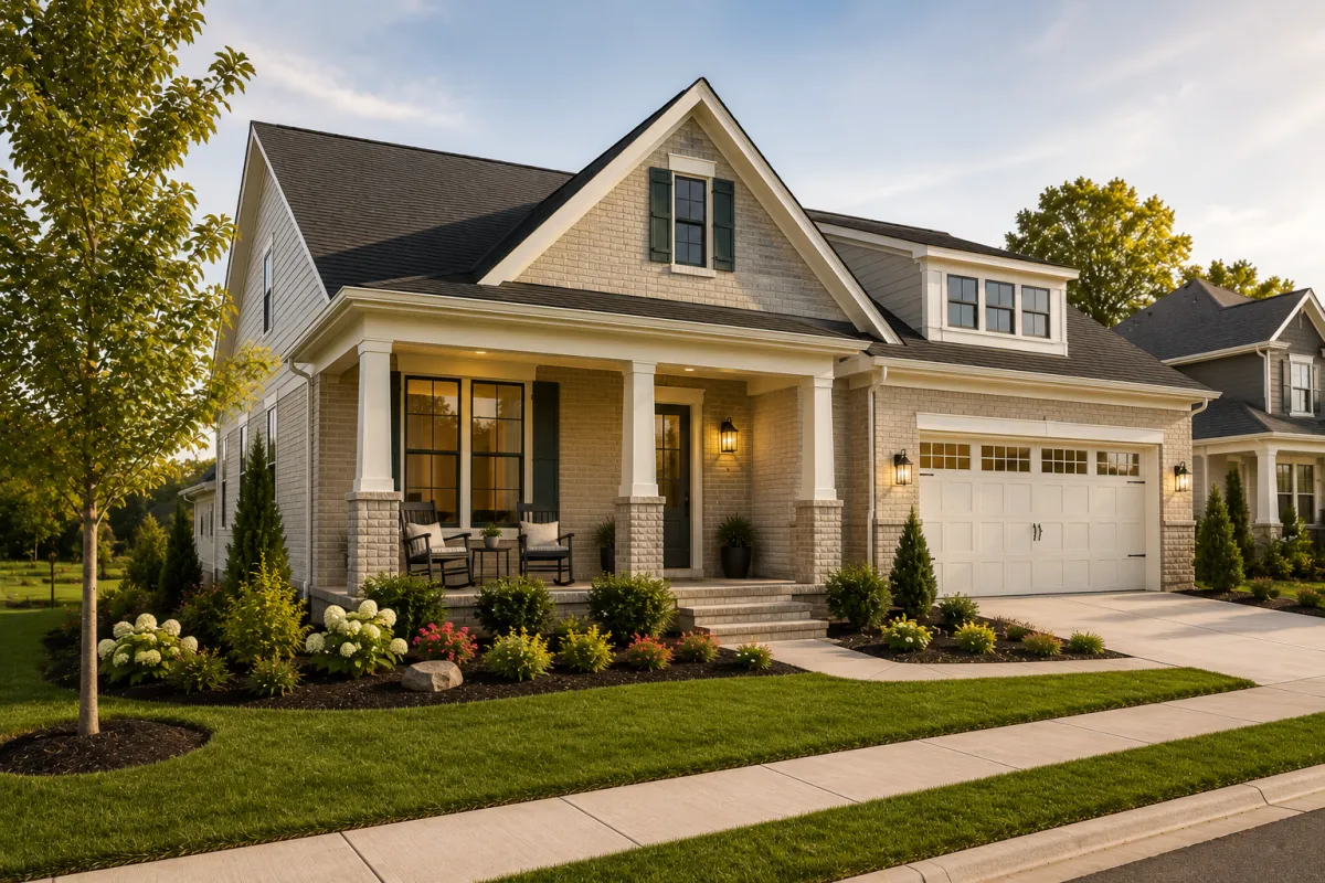 A newer brick-front home sits in a quiet Fountain Inn neighborhood during soft morning light. A welcoming front porch, mature landscaping, and a peaceful streetscape create a sense of comfort and stability, reflecting the confidence buyers seek when making important upgrade decisions.