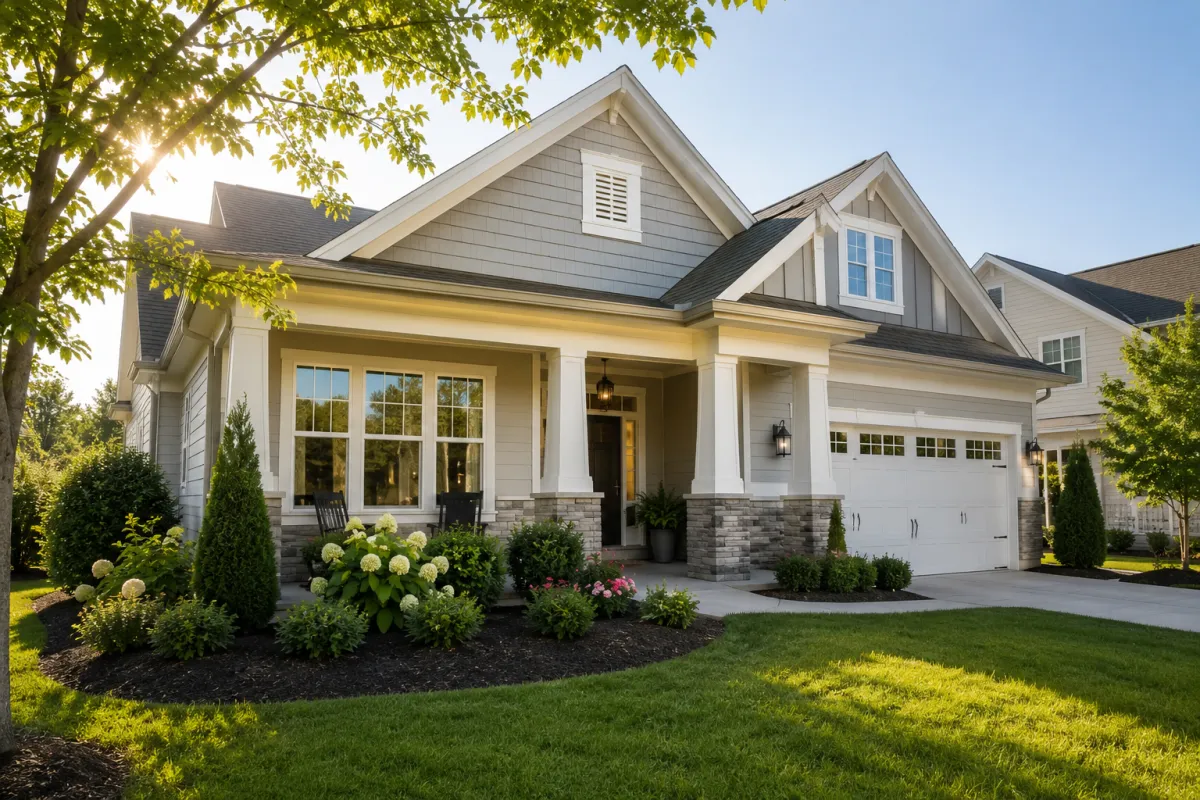 Bright modern craftsman-style home in Greenville, South Carolina with large front windows, soft afternoon sunlight, mature landscaping, and an inviting front porch.