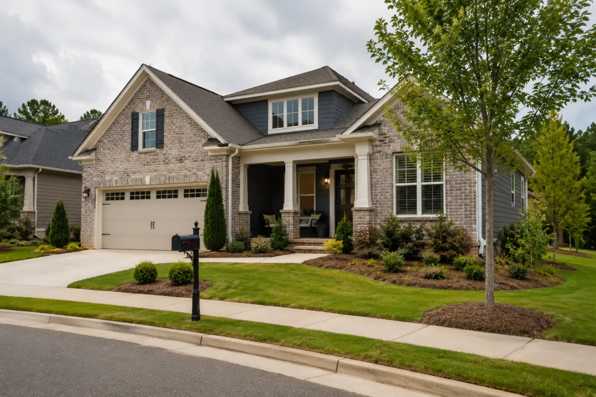 A newer brick-front home in a Greenville neighborhood sits along a quiet curved street on a soft overcast afternoon, featuring thoughtful landscaping, a welcoming front porch, mature trees, and a calm atmosphere that reflects organization, comfort, and everyday livability.