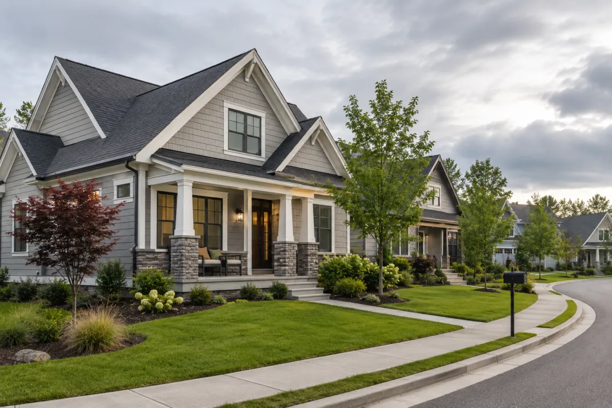 A newer craftsman-style home in a Greenville neighborhood sits along a quiet curved street on a cloudy afternoon, featuring a welcoming front porch, mature landscaping, organized curb appeal, and a comfortable atmosphere that reflects everyday functionality and long-term livability.