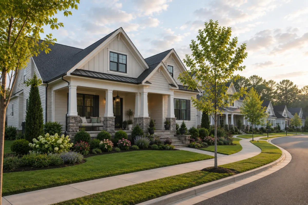 A newer transitional-style home sits on a quiet Greenville neighborhood street during soft morning light, featuring a welcoming front porch, mature landscaping, gently curved sidewalks, and a peaceful setting that reflects comfort, simplicity, and easy everyday living.