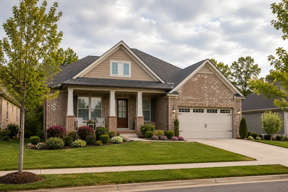 A newer brick-front home in a quiet Greenville-area neighborhood on a soft overcast afternoon, with mature landscaping, wide sidewalks, and a calm atmosphere that reflects confidence in a long-term home decision.