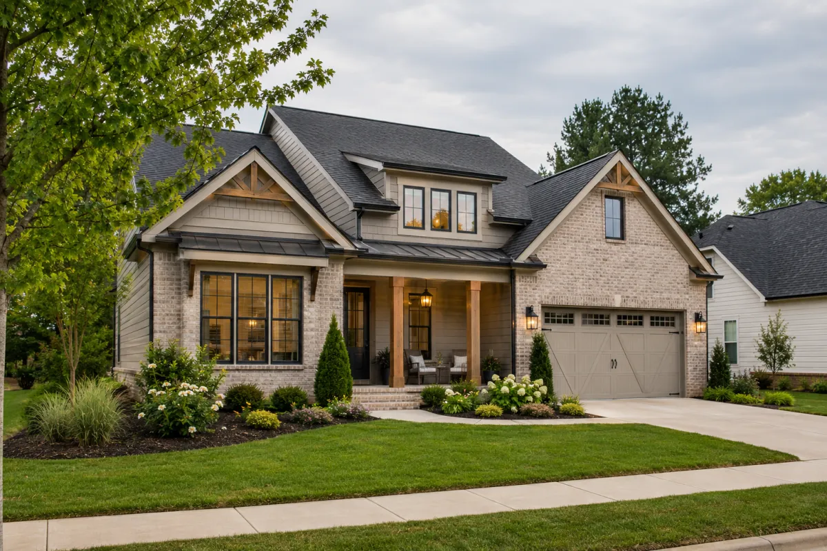 A newer transitional-style home in a quiet Greenville neighborhood on a soft overcast afternoon, surrounded by mature landscaping and wide sidewalks, creating a calm and reassuring feeling of long-term stability and comfort.