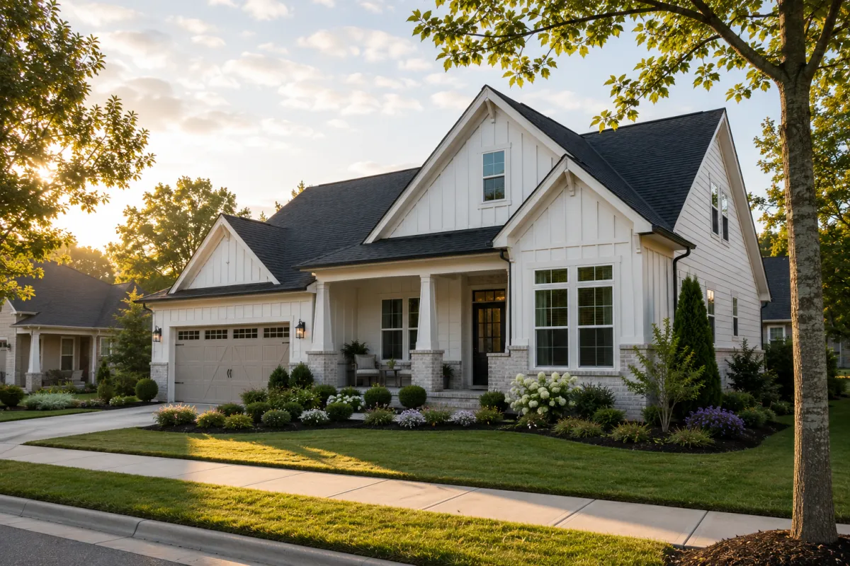 A newer board-and-batten home in a peaceful Simpsonville neighborhood during soft morning light, viewed from a slight corner angle with mature landscaping and a welcoming front porch, creating a calm feeling of confidence and future possibility.