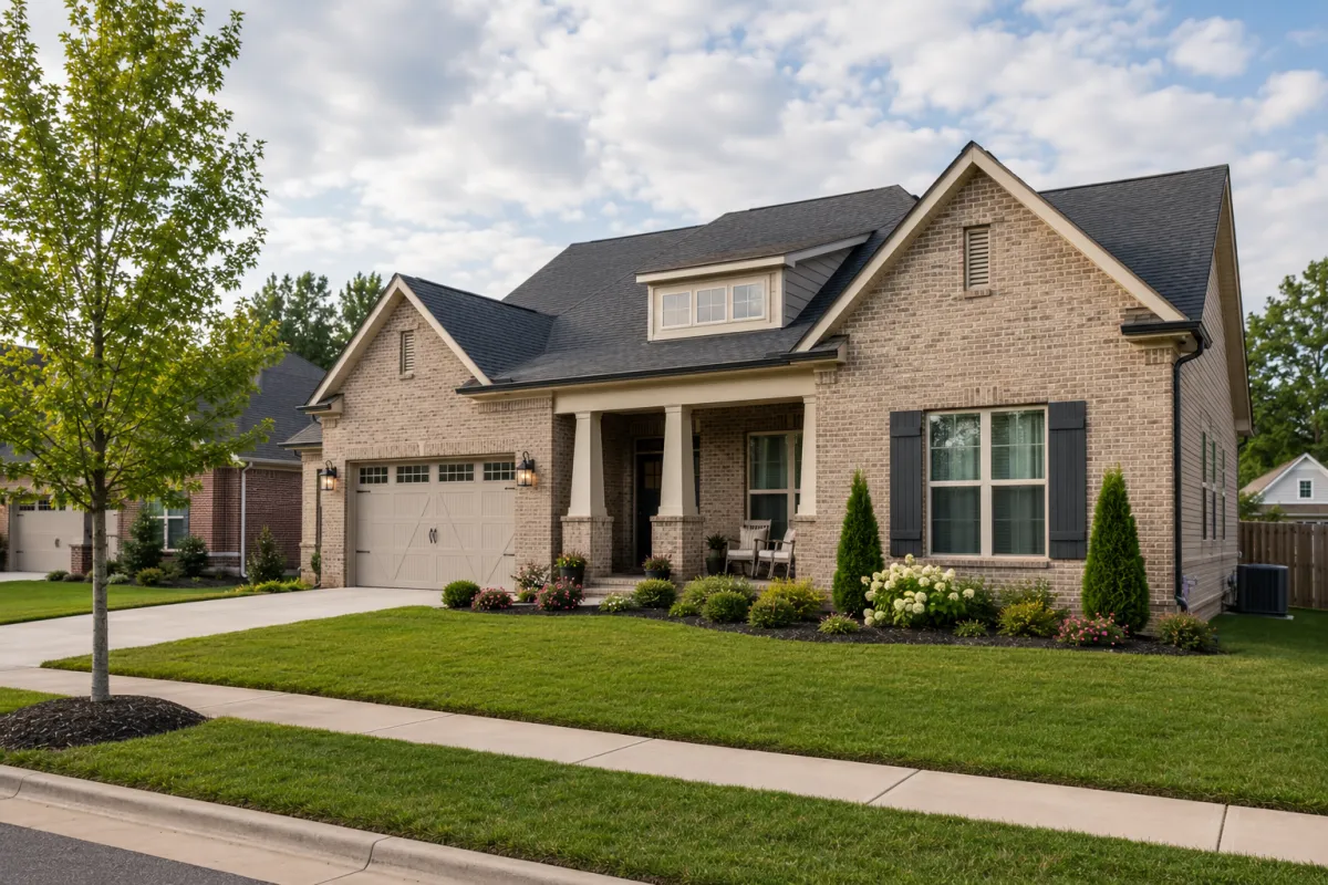 A newer brick-front suburban home in Fountain Inn on a soft cloudy afternoon, viewed from a neighborhood sidewalk with mature landscaping, comfortable spacing between homes, and a calm atmosphere that reflects long-term confidence and everyday livability.