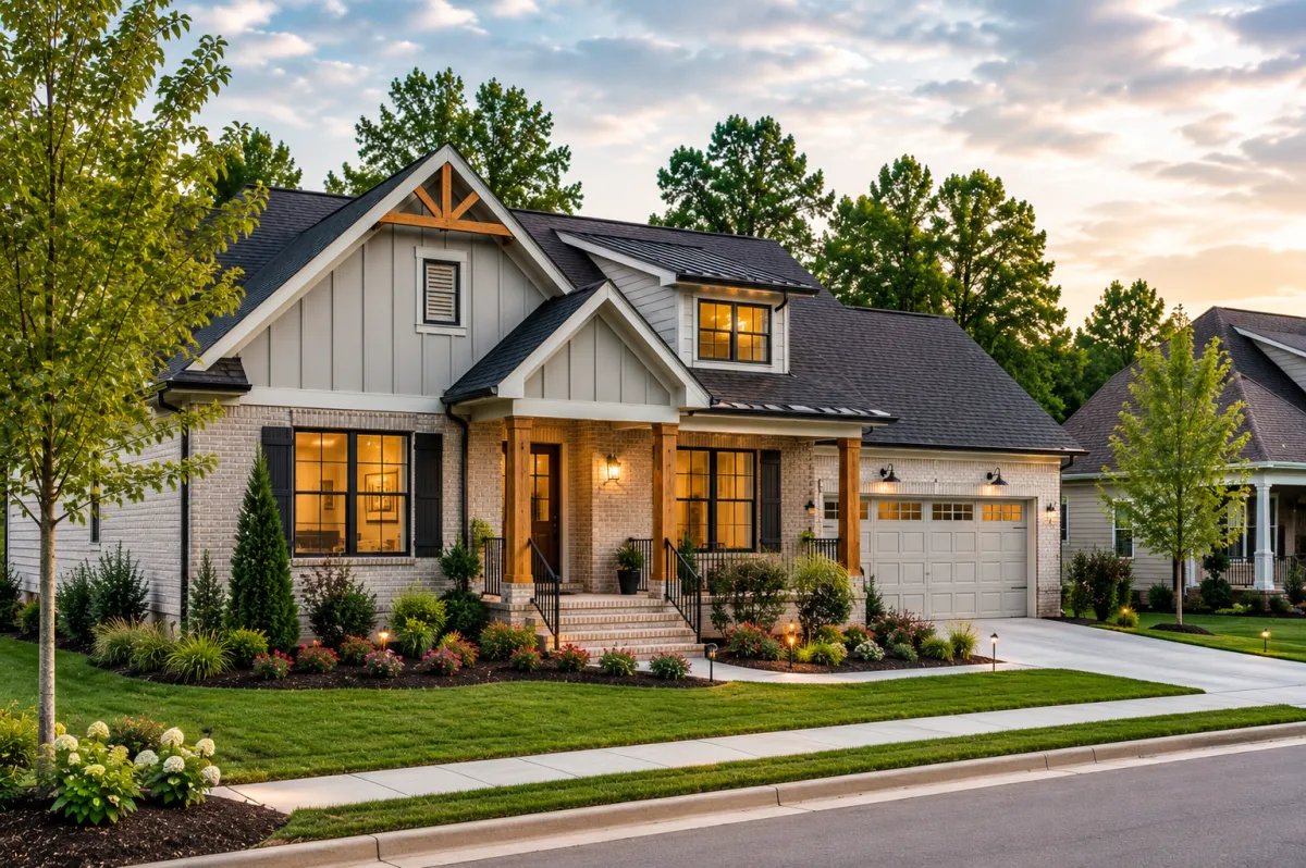 A newer transitional-style home in a Greenville-area community on a calm overcast afternoon, viewed from a street-level perspective with sidewalks, mature trees, and easy access to nearby roads, creating a balanced feeling of comfort, convenience, and everyday practicality.
