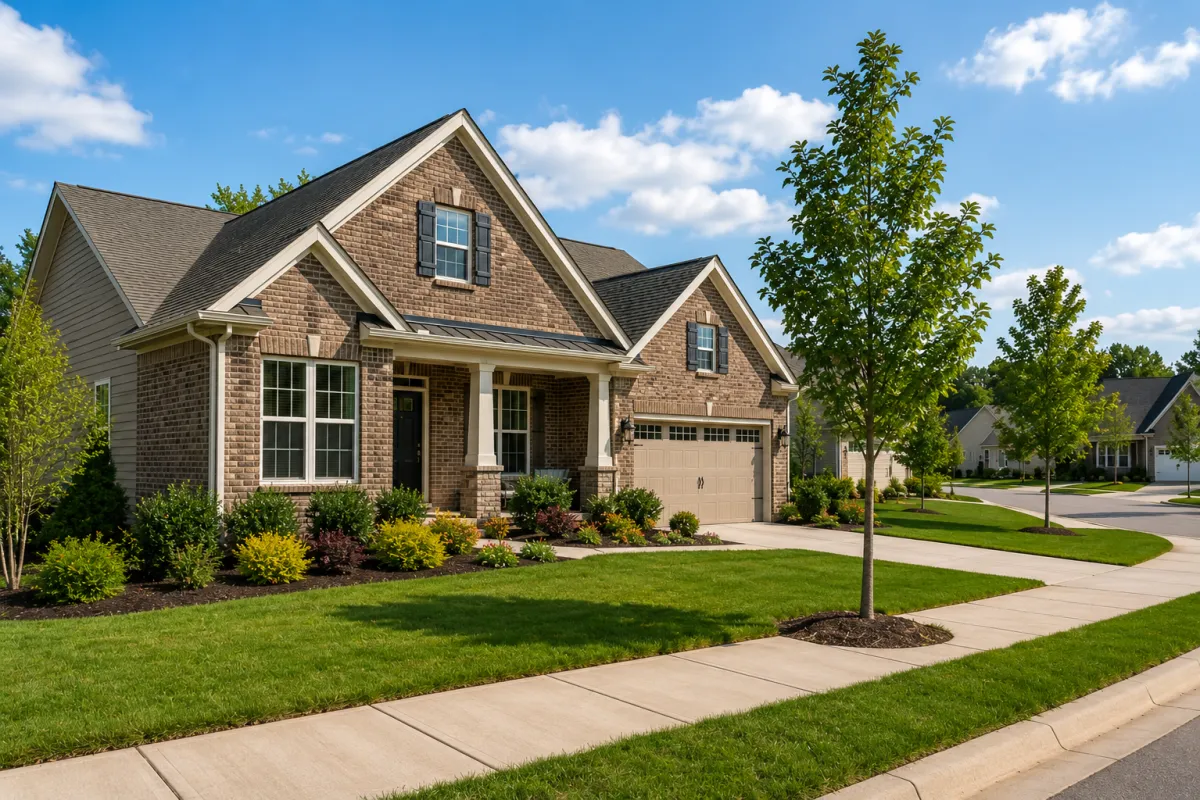 A newer brick-front suburban home in a Greenville-area community during soft morning light, viewed from a slight corner angle with sidewalks, mature landscaping, and easy access to nearby roads, creating a balanced feeling of comfort, convenience, and everyday livability.