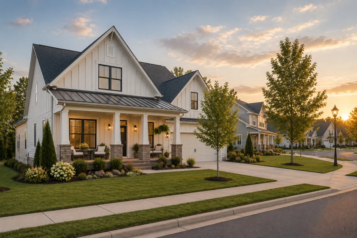 A newer board-and-batten home in a Greenville neighborhood during early evening glow, viewed from a wider neighborhood perspective with sidewalks, front porches, mature landscaping, and a welcoming atmosphere that reflects comfort, simplicity, and everyday ease.