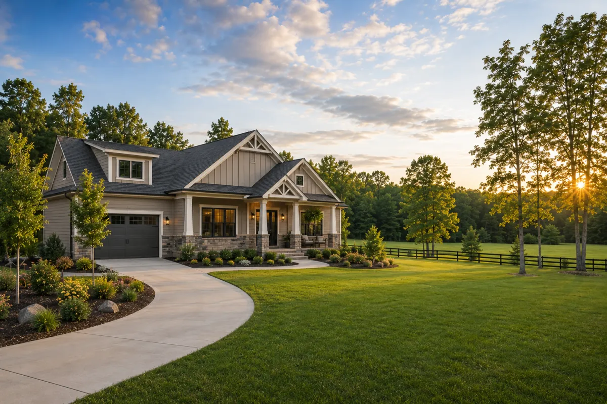 A newer craftsman-style home on a spacious homesite in Gray Court during a soft overcast afternoon, viewed from a driveway-focused angle with mature trees, a wide front yard, and peaceful surroundings that reflect privacy, comfort, and a slower pace of life.