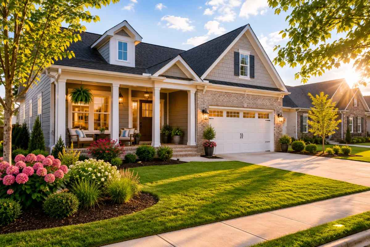 Cloudy afternoon view of a newer brick-front home in a Greenville community, with neatly maintained landscaping, a welcoming front porch, and a calm neighborhood setting that feels attainable yet aspirational for first-time buyers.