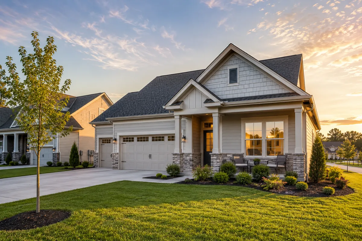 Late afternoon sunlight fills the front of a newer home in a Greenville builder community, featuring a welcoming front porch, clean landscaping, large windows, and a warm, approachable design that feels both beautiful and comfortably attainable.