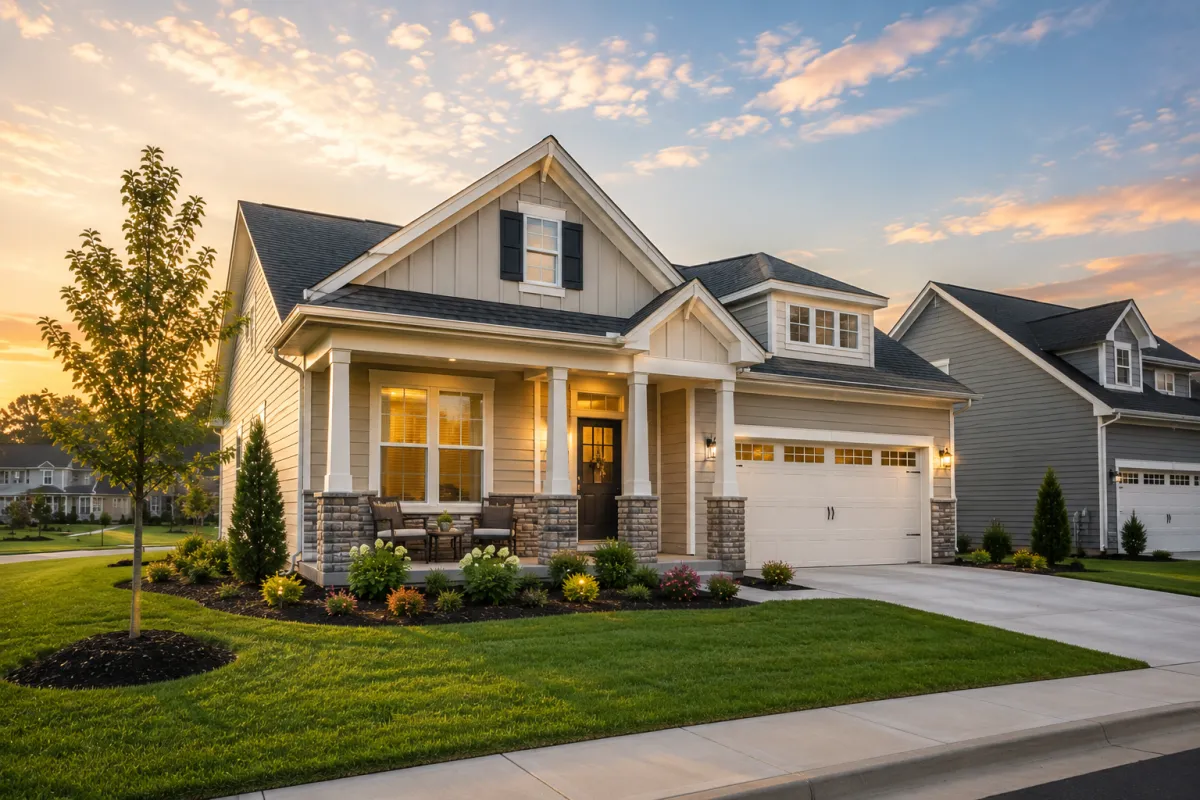 Warm late-afternoon sunlight shines across a newer home in a Simpsonville builder community, featuring a welcoming front porch, attractive landscaping, large windows, and a balanced design that feels spacious, comfortable, and easy to live in.