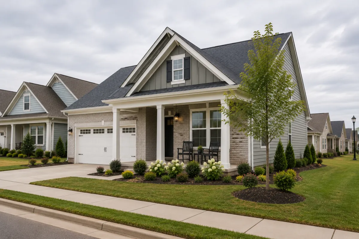 Soft cloudy afternoon view of a newer craftsman-style home in a Greenville community, with inviting front landscaping, sidewalks connecting neighboring homes, mature young trees, and a peaceful streetscape that feels welcoming while subtly highlighting neighborhood proximity.