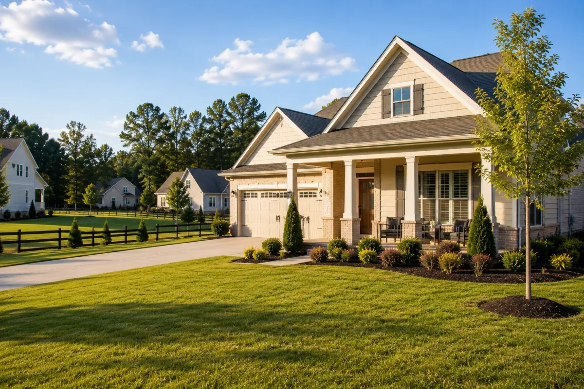 Bright overcast afternoon view of a newer transitional-style home in Gray Court, featuring generous spacing between neighboring homes, a wide backyard, simple landscaping, and a peaceful setting that creates a comfortable sense of openness and breathing room.