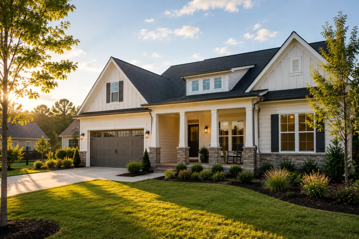 Soft morning light shines across a newer transitional-style home in a Greenville community, featuring a flexible floor plan design, welcoming front porch, thoughtful landscaping, and a comfortable setting that reflects long-term livability and future possibilities.