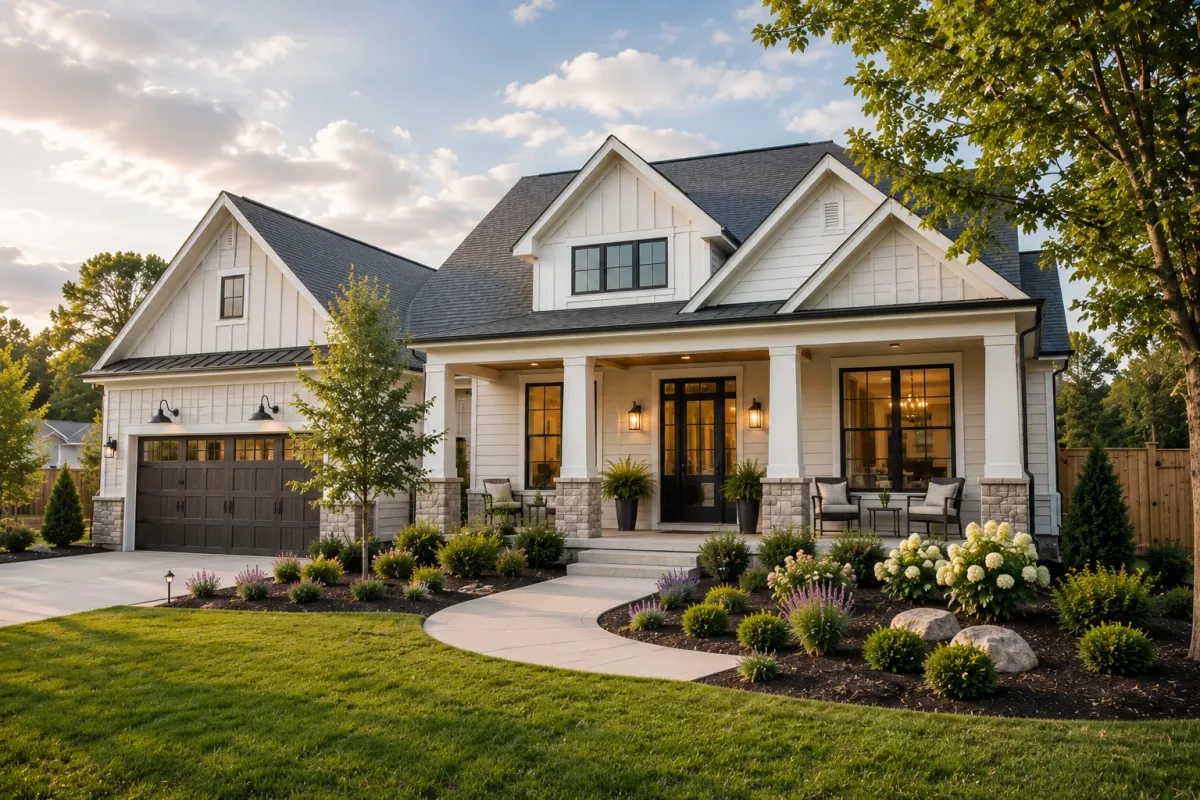 Soft overcast afternoon view of a newer transitional-style home in a Greenville community, featuring a welcoming front porch, flexible indoor-outdoor living spaces, thoughtful landscaping, and a timeless design that feels adaptable to future stages of life.