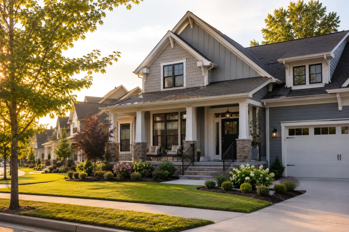 Soft afternoon sunlight falls across a newer transitional-style home in a quiet Greenville neighborhood, where tree-lined sidewalks, well-kept landscaping, and a welcoming front porch create an inviting setting that encourages buyers to imagine everyday life beyond the home's layout.