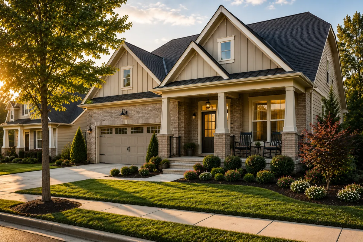 Soft afternoon sunlight illuminates a newer brick-and-board-and-batten home in a peaceful Greenville neighborhood, where a welcoming front porch, mature landscaping, and quiet sidewalks create an inviting setting that balances comfort, function, and everyday living.