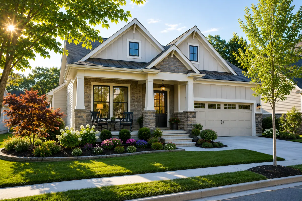 Soft morning light brightens a newer cottage-inspired home in a peaceful Greenville neighborhood, where a welcoming front porch, stone accents, flowering shrubs, and mature shade trees create a warm, inviting atmosphere that encourages gathering and connection.
