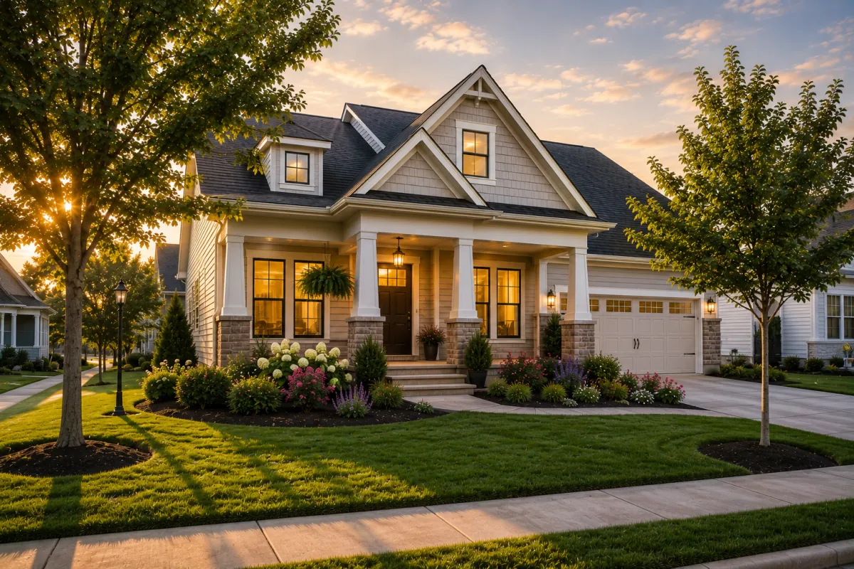 Soft late-afternoon light settles across a newer transitional-style home in a quiet Simpsonville neighborhood, where a welcoming covered porch, mature shade trees, thoughtfully landscaped flower beds, and peaceful sidewalks create the feeling of coming home after a long day.