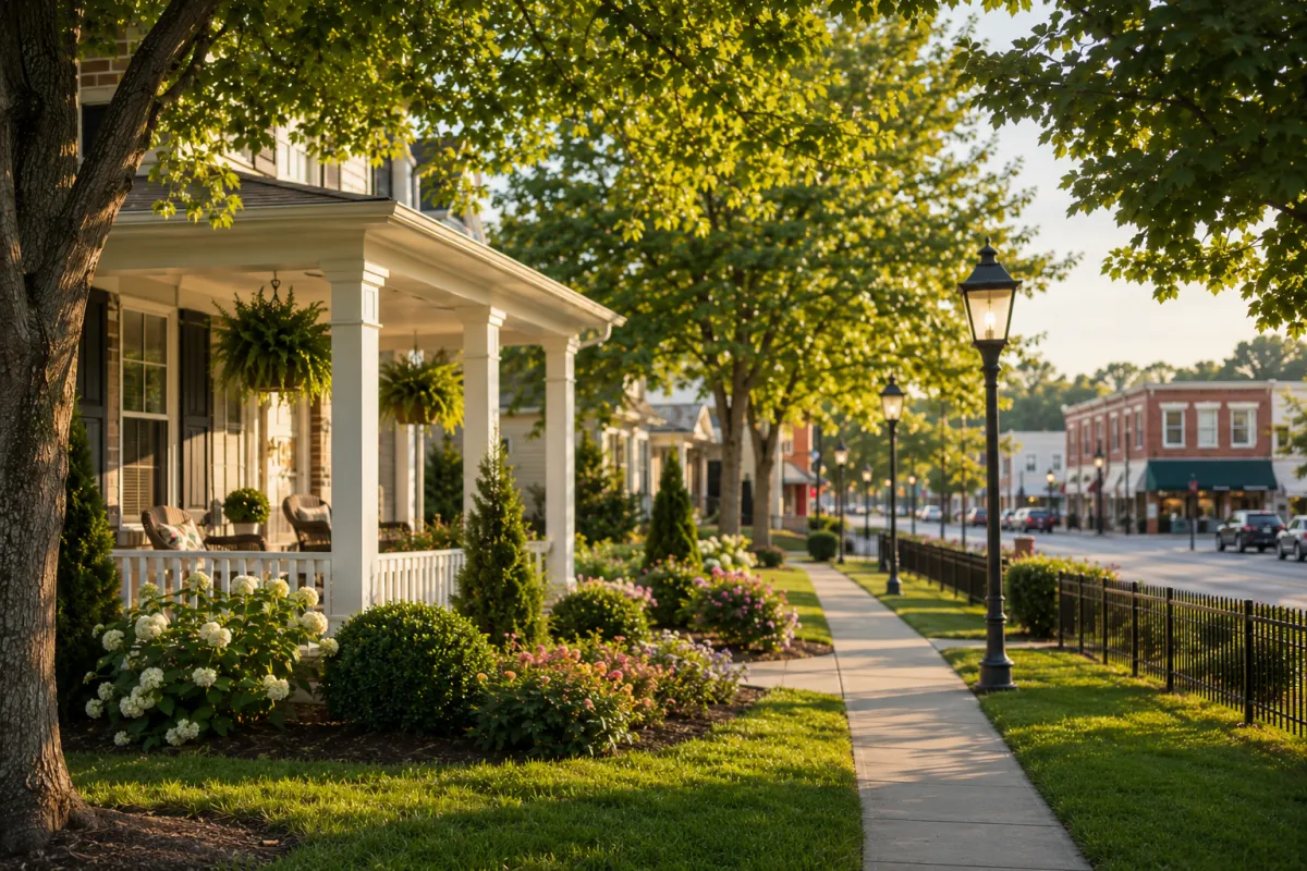 Warm late-afternoon sunlight shines across a newer brick-and-board-and-batten home in a peaceful Gray Court neighborhood, where mature trees, inviting front porches, landscaped lawns, and quiet streets create a setting that feels both welcoming and conveniently connected to everyday life.