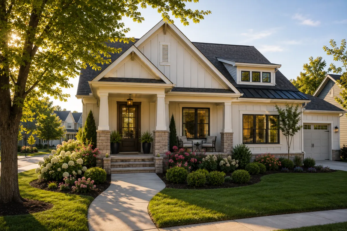 Soft golden morning light shines across a newer board-and-batten home in a quiet Greenville neighborhood, where a welcoming front porch, flowering landscape beds, mature shade trees, and gently curving sidewalks create a peaceful first impression that immediately feels warm and inviting.
