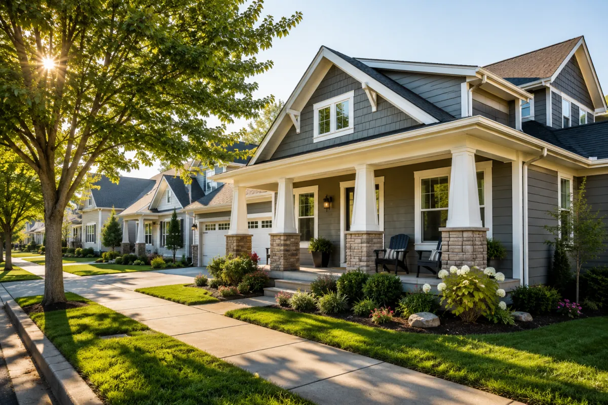 A peaceful newer craftsman-style home sits along a quiet tree-lined street in a Greenville neighborhood on a bright morning, its welcoming front porch and thoughtfully designed exterior reflecting the calm reassurance buyers hope to feel when choosing a floorplan that fits the life they're building.
