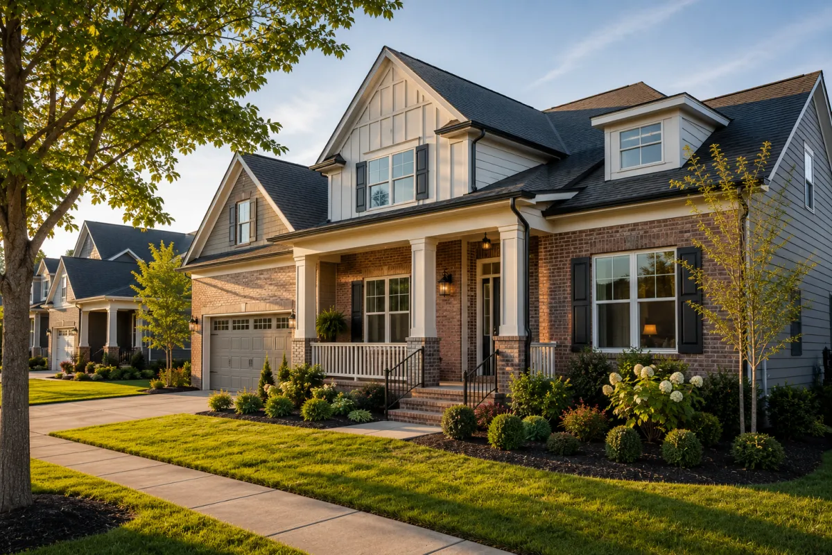 A welcoming newer suburban home with a covered front porch, mature landscaping, and soft afternoon light, reflecting the comfortable lifestyle many Greenville buyers imagine when choosing the right floor plan.
