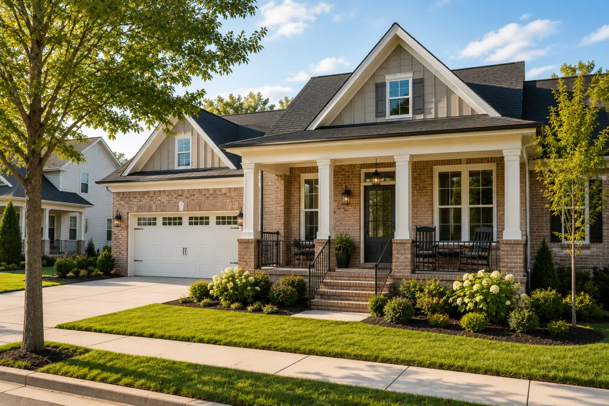A welcoming newer brick-front home in a peaceful Simpsonville neighborhood with an inviting front porch, mature landscaping, and warm afternoon light that reflects the comfort of everyday family living.