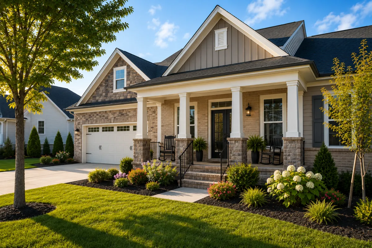 A peaceful brick-front home in a newer Fountain Inn neighborhood with a welcoming front porch, mature trees, and soft morning light, creating a calm setting where buyers can imagine building their future.