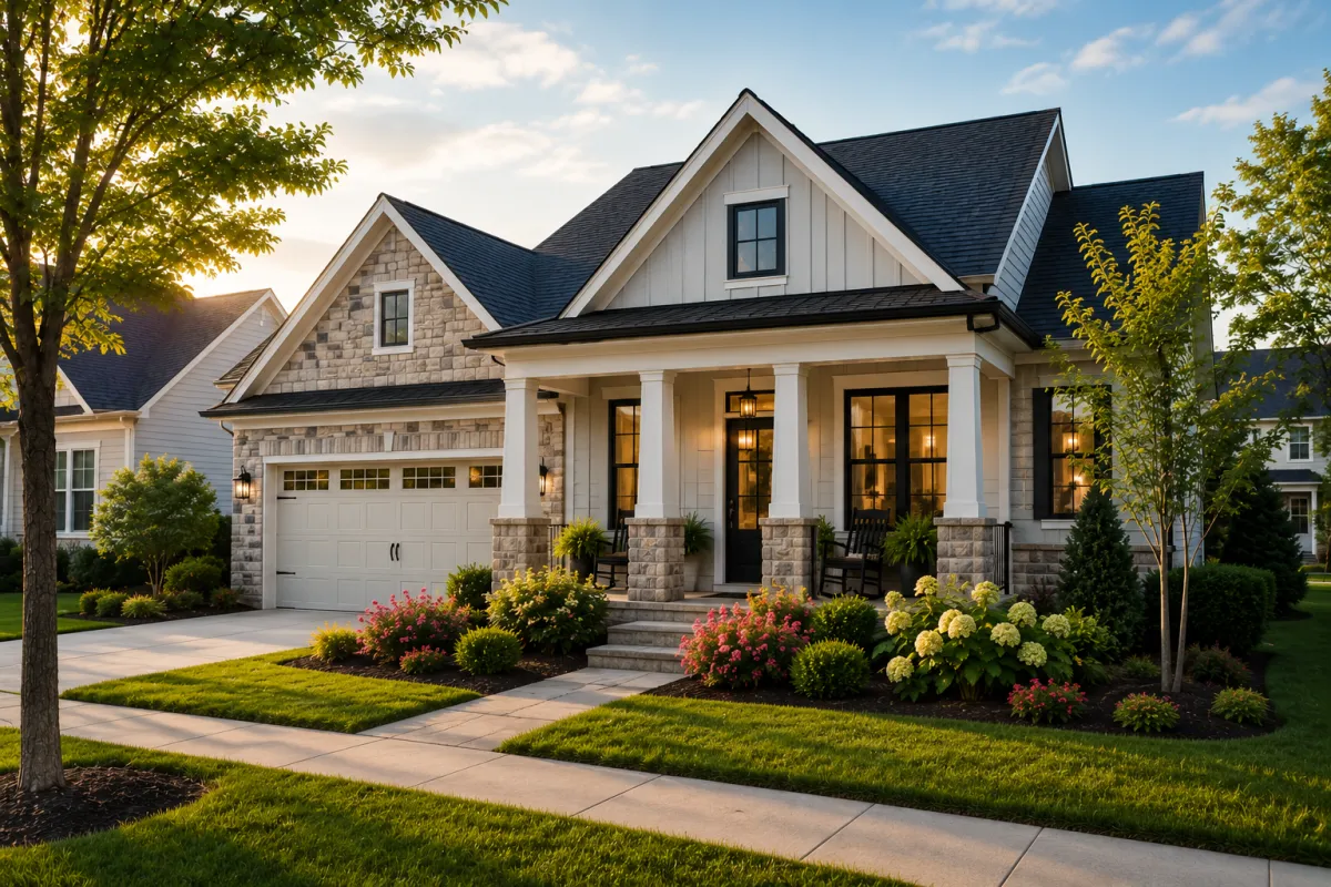 A charming transitional-style home in a newer Greenville neighborhood with soft morning light, a welcoming front porch, colorful landscaping, and a peaceful sidewalk that invites buyers to imagine everyday life.