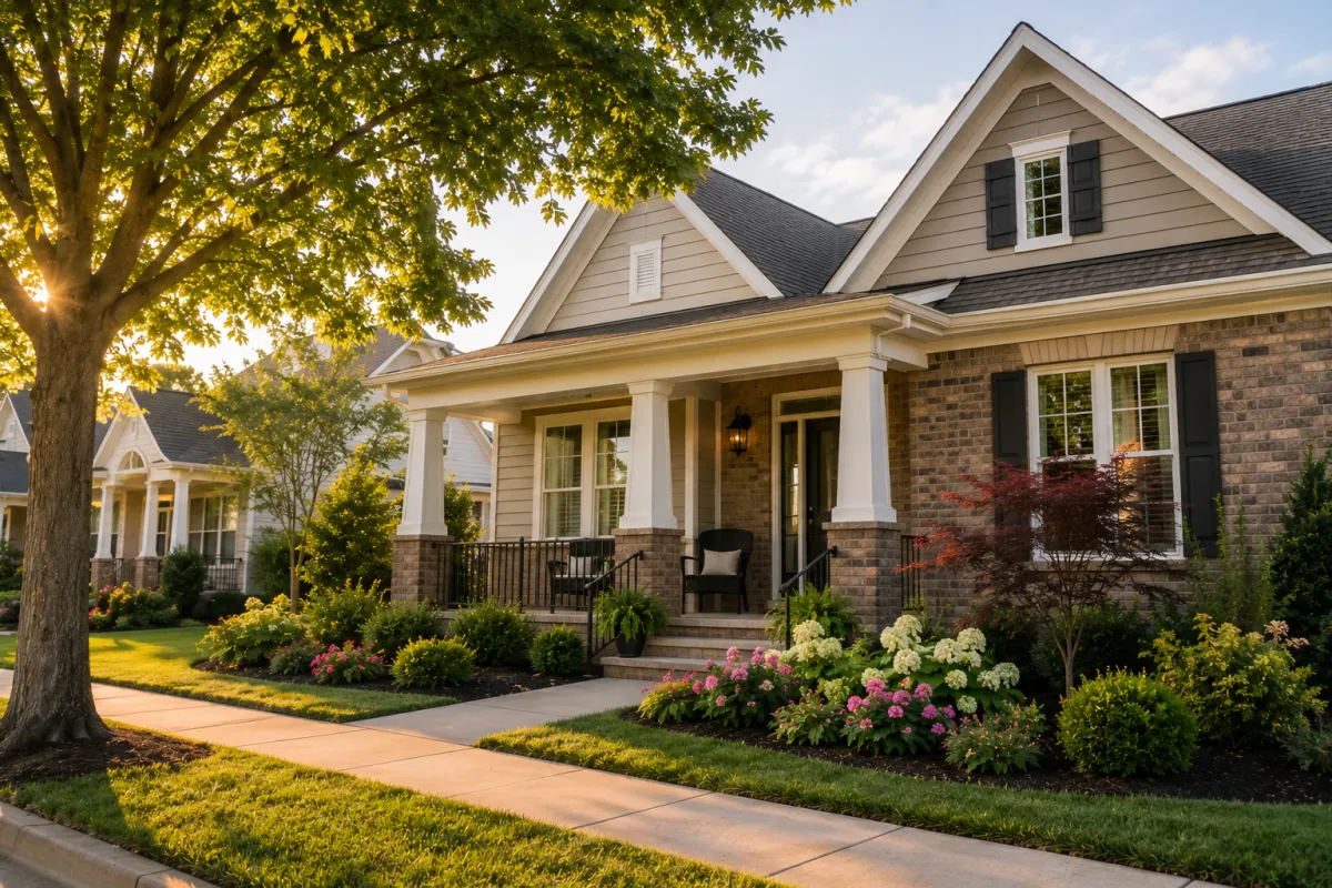 A thoughtfully designed brick-front home in a peaceful Simpsonville neighborhood with a welcoming front porch, mature shade trees, neatly landscaped flower beds, and soft golden-hour light creating a warm, inviting atmosphere.