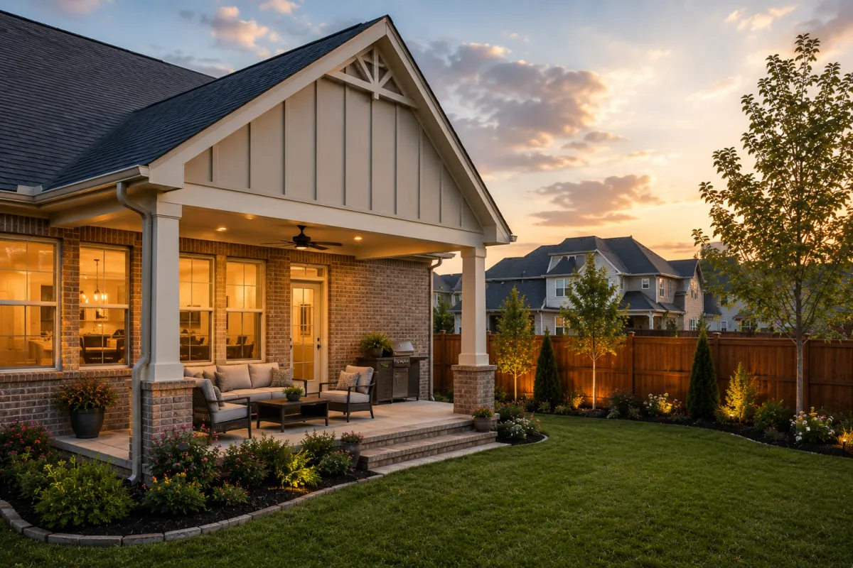 A welcoming brick-and-board-and-batten home in a newer Fountain Inn neighborhood with a covered patio, modest backyard, mature landscaping, and soft overcast afternoon light, creating a peaceful setting that emphasizes comfortable everyday living over oversized outdoor space.