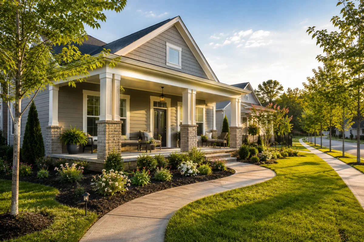 A charming newer home in a Simpsonville neighborhood with a spacious covered front porch, mature landscaping, and a peaceful sidewalk lined with young trees on a bright spring morning, creating a welcoming setting that encourages outdoor living and connection.