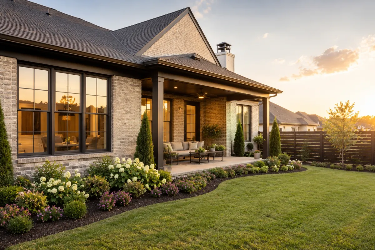 A welcoming brick-front home in a newer Greenville neighborhood with a modest, thoughtfully landscaped backyard, a covered patio, and soft late-afternoon light creating a peaceful outdoor setting that feels easy to enjoy and maintain.