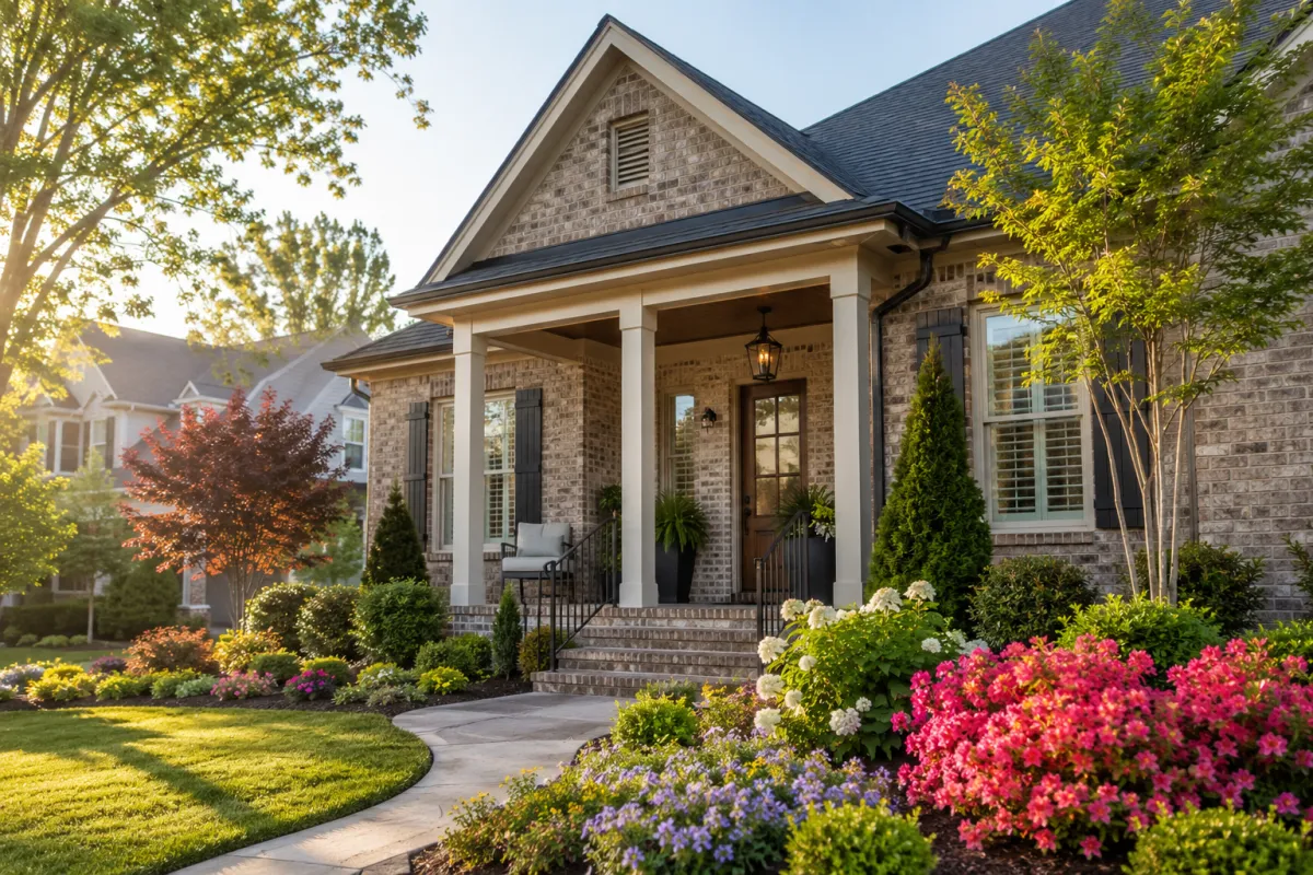 A welcoming brick-front home in a well-established Greenville neighborhood with colorful landscaping, a covered front porch, and soft morning light, creating an inviting setting that reflects warmth while hinting at a personality all its own.