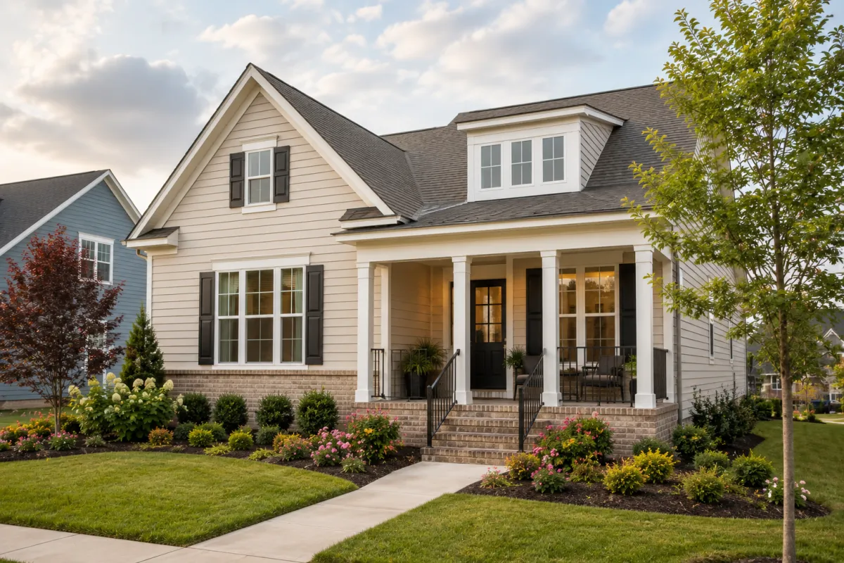 A thoughtfully designed transitional-style home in a newer Greenville neighborhood with soft beige siding, black shutters, a welcoming front porch, and mature landscaping on a peaceful overcast afternoon, creating a calm setting that invites buyers to imagine making it their own.