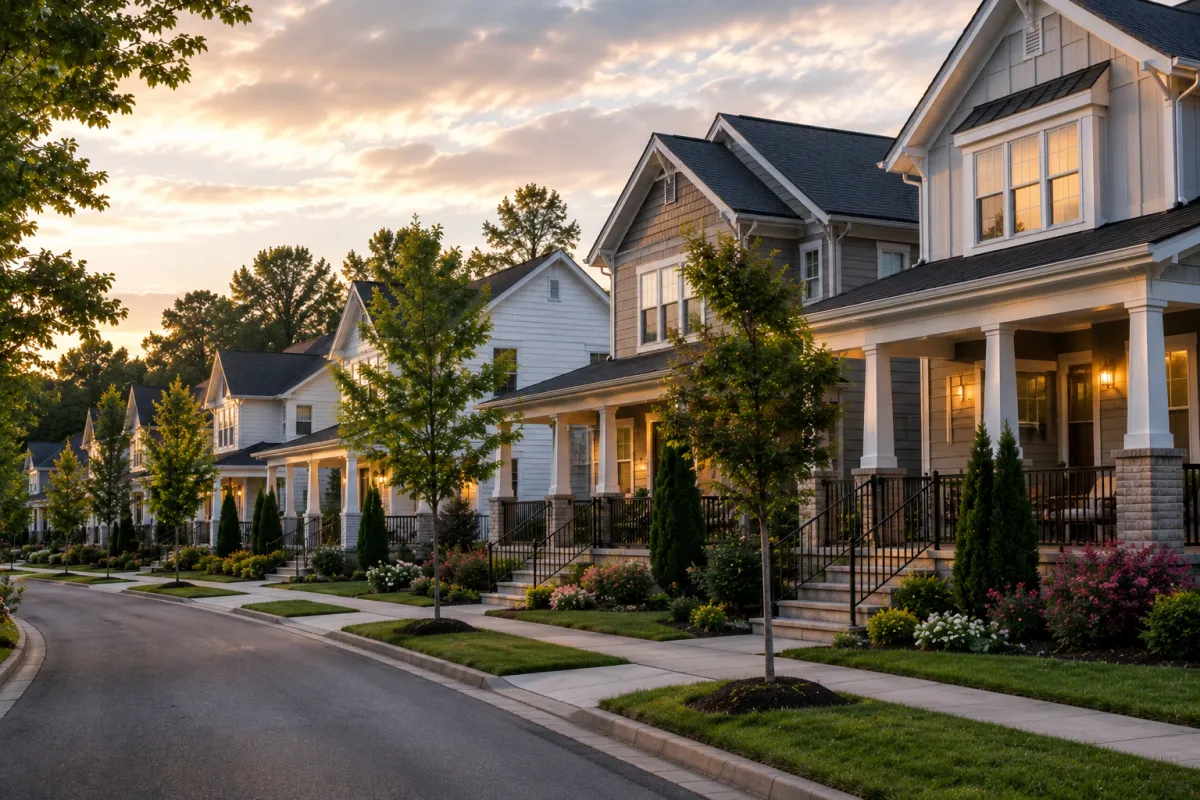 Street-level view of a peaceful newer community in Greenville, South Carolina featuring a mix of modern Craftsman and transitional homes with mature trees, landscaped front yards, sidewalks, and welcoming front porches on a soft early evening under lightly cloud-filtered skies. No people are visible.