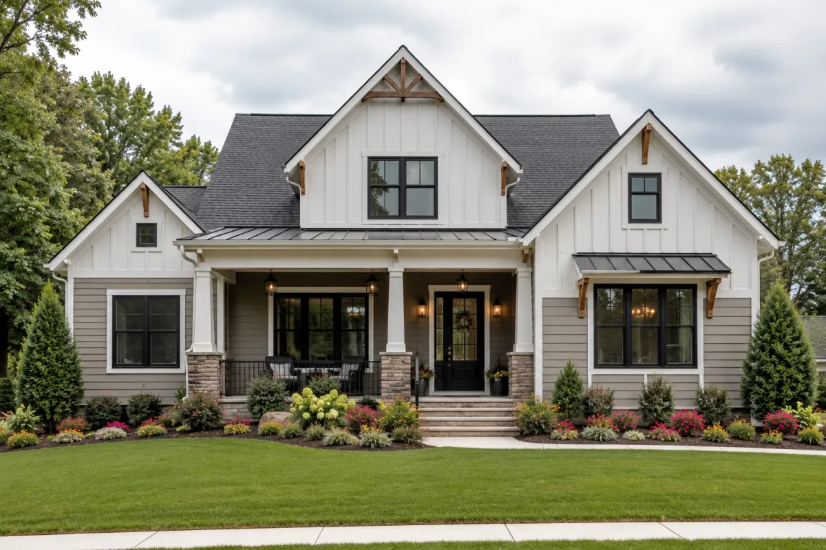 Straight-on view of a beautiful newer modern Craftsman home in Fountain Inn, South Carolina featuring a welcoming covered front porch, board-and-batten accents, stone columns, manicured landscaping, and a wide front lawn on a softly overcast afternoon. No people are visible.